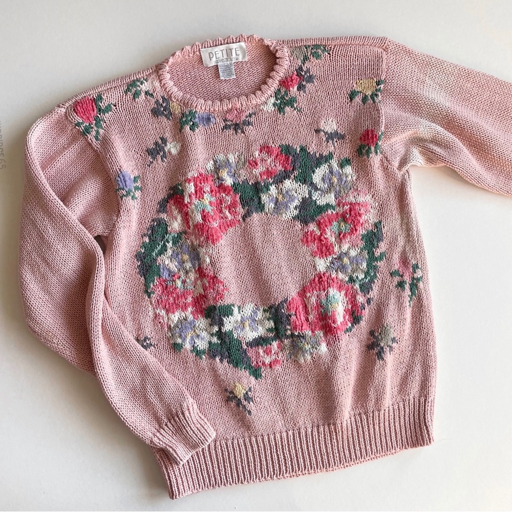 Vintage Pink Floral Knit Sweater